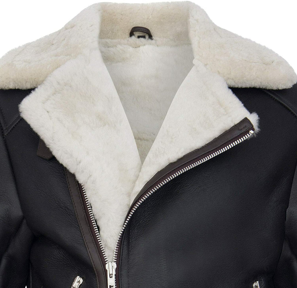 Men's Retro RAF B3 Pilot Real Sheepskin Shearling Biker Leather Jacket