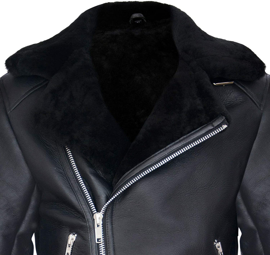 Men's Retro RAF B3 Pilot Real Sheepskin Shearling Biker Leather Jacket