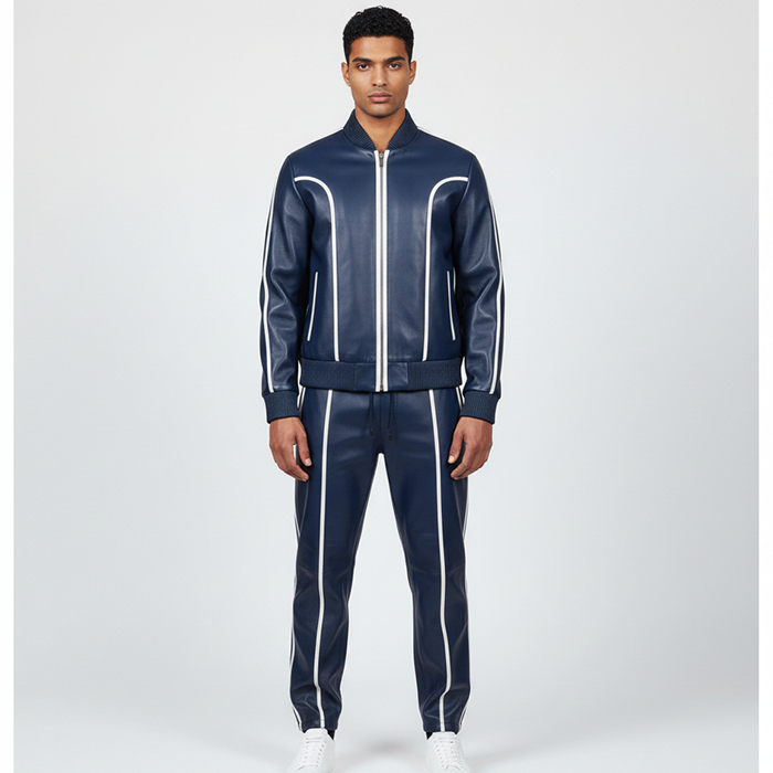 Men's Blue Leather Track Suit Sweatsuit