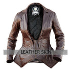 Leather Skin Brown Women Ladies with Open Chest Genuine Leather Jacket
