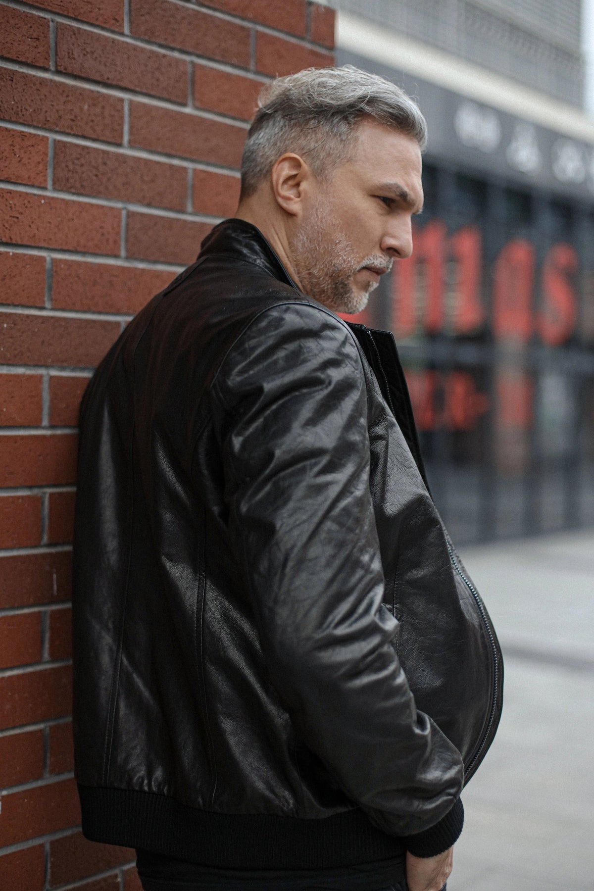 Black Basic Logo Genuine Leather Bomber Jacket