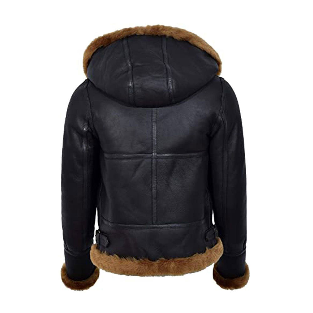Women's Hooded Black Shearling Leather Jacket