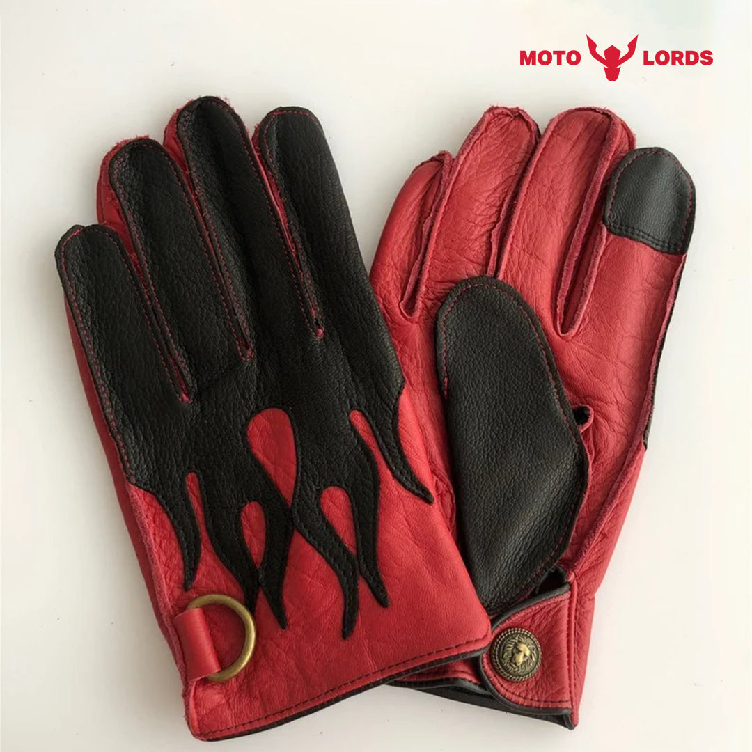 Vintage Flame Leather Gloves For Men and Women Black & Red