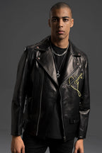 Men's Gothic Punk Leather Biker Jacket with Printed Back