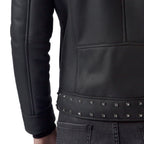 Black Biker Studded Real Shearling Sheepskin Leather Jacket