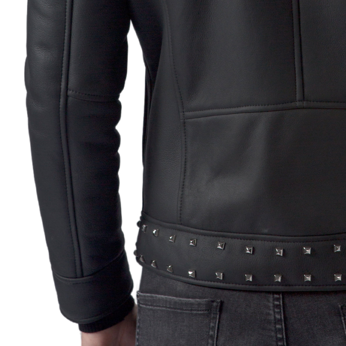 Black Biker Studded Real Shearling Sheepskin Leather Jacket