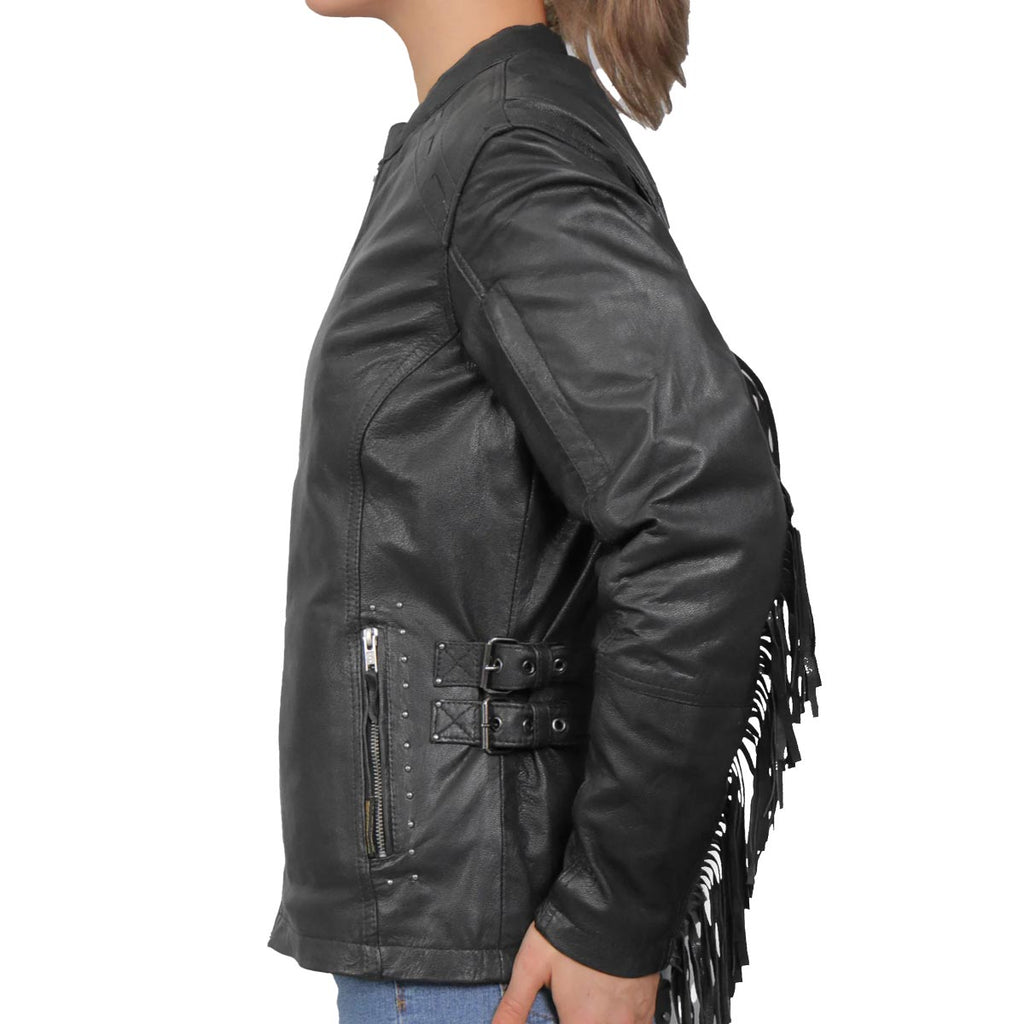 Hot Leathers Ladies Silver Fringe Black Leather Motorcycle Jacket - JKL1028