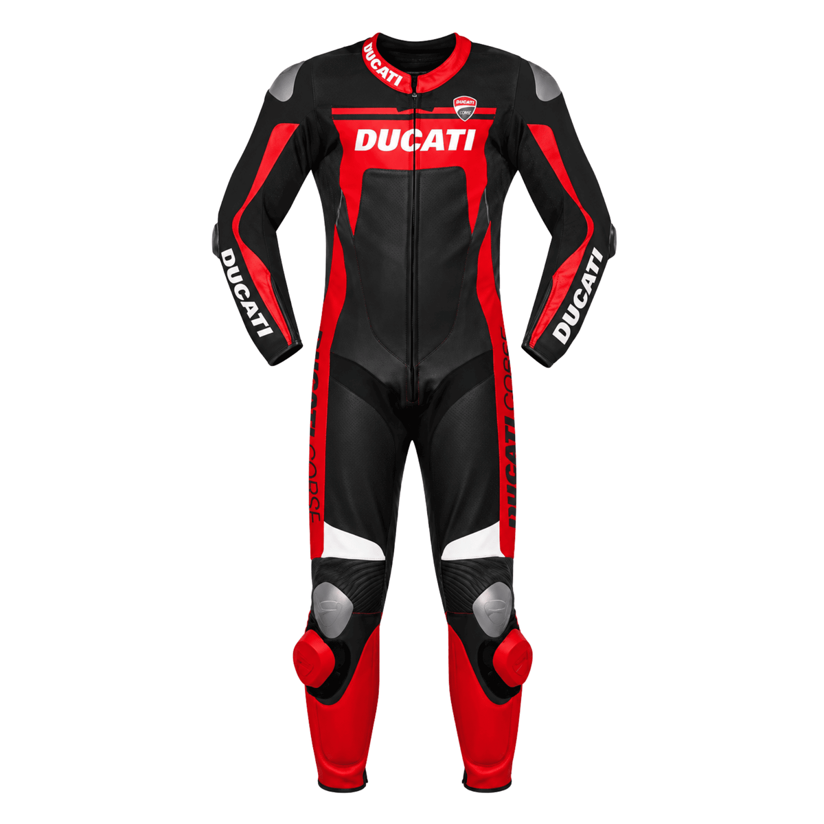 Ducati Corse-Style Black Red Leather Motorcycle Racing Suit – CE Armor