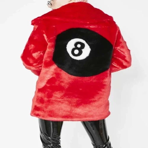 8 Ball Logo Women Red Faux Fur Coat