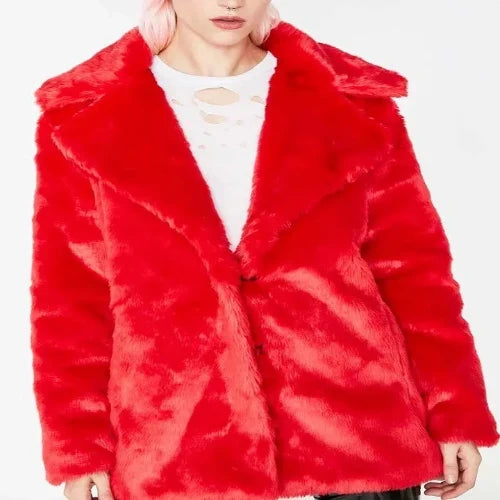8 Ball Logo Women Red Faux Fur Coat