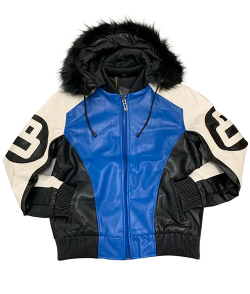 8 Ball Logo Blue And White Fur Hooded Leather Jacket