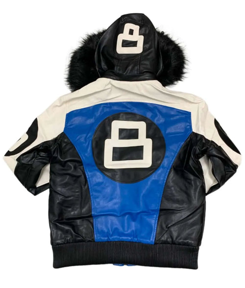 8 Ball Logo Blue And White Fur Hooded Leather Jacket