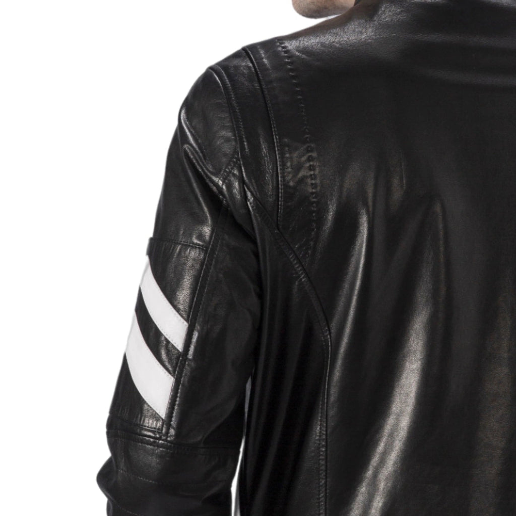 Black Leather Racer Jacket Letter Knitted Band