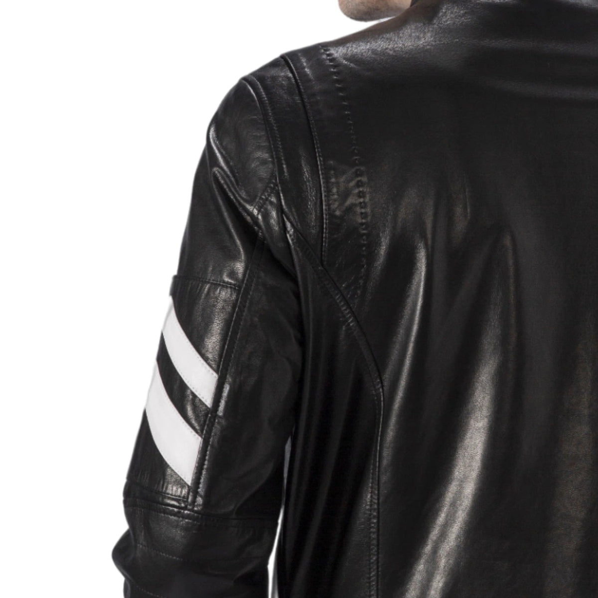 Black Leather Racer Jacket Letter Knitted Band