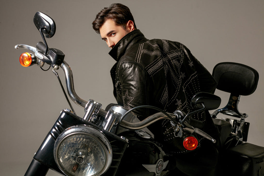 Black Rockstud Belted Genuine Leather Moto Jacket