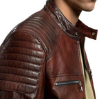 Men's Reddish Brown Goatskin Café Racer Leather Moto Jacket