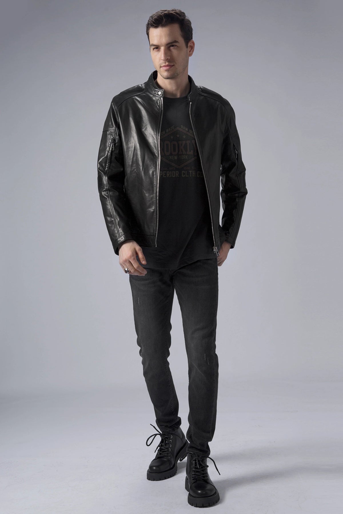 Classic Black Leather Racer Jacket Zip Up Moto Jacket