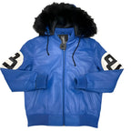 Fur Hooded Blue 8 Ball Bomber Leather Jacket