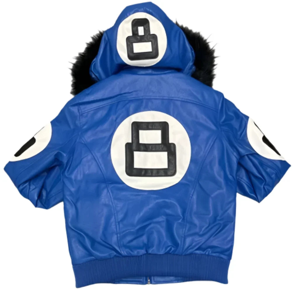 Fur Hooded Blue 8 Ball Bomber Leather Jacket