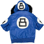 Fur Hooded Blue 8 Ball Bomber Leather Jacket