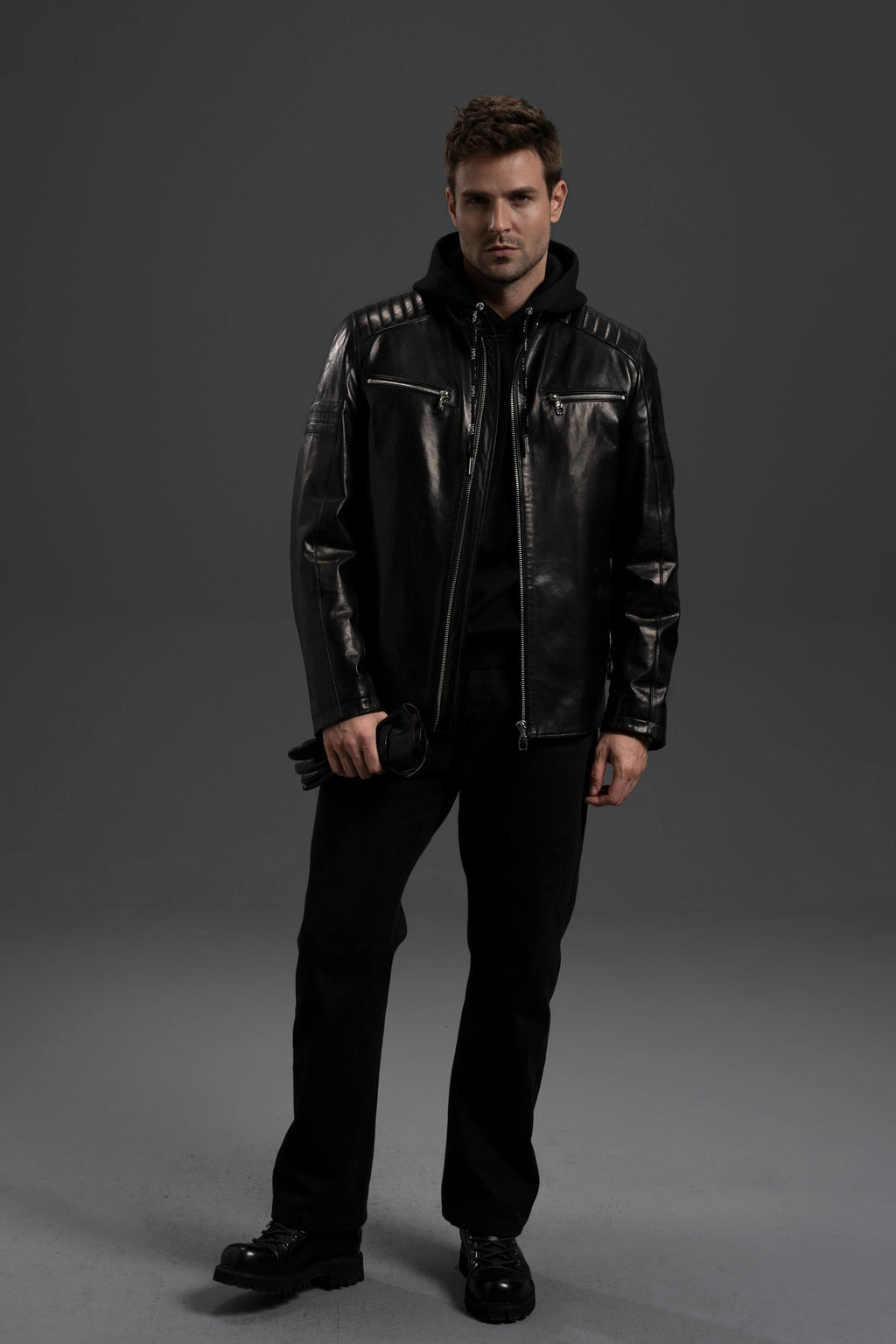 Men's 100% Goatskin Classic Black Leather Motorcycle Racer Jacket