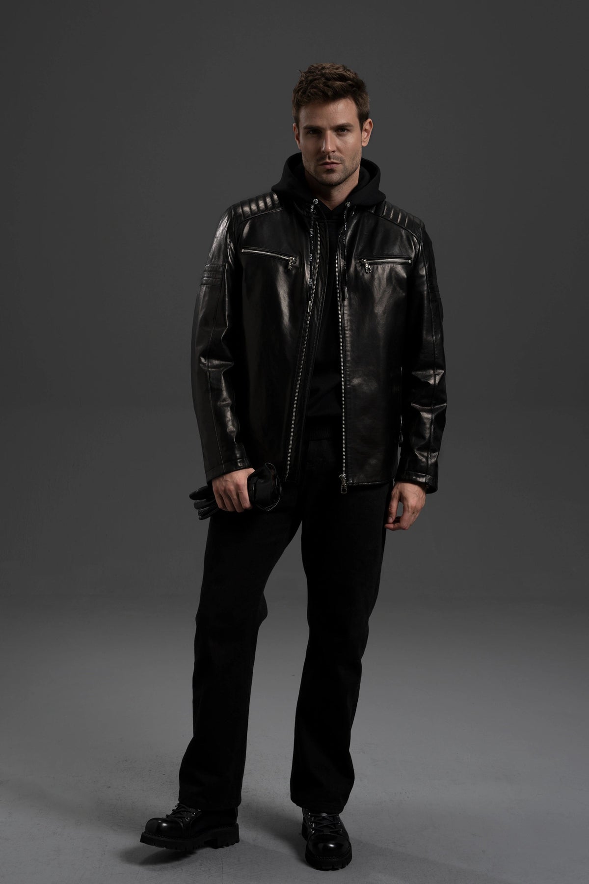 Men's 100% Goatskin Classic Black Leather Motorcycle Racer Jacket