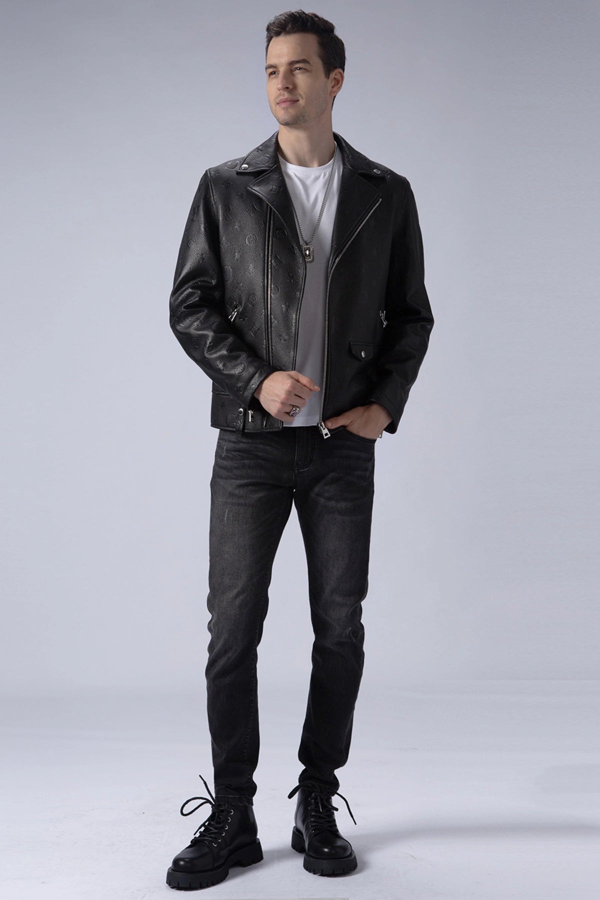 Black Embossed Leather Motorcycle Biker Jacket