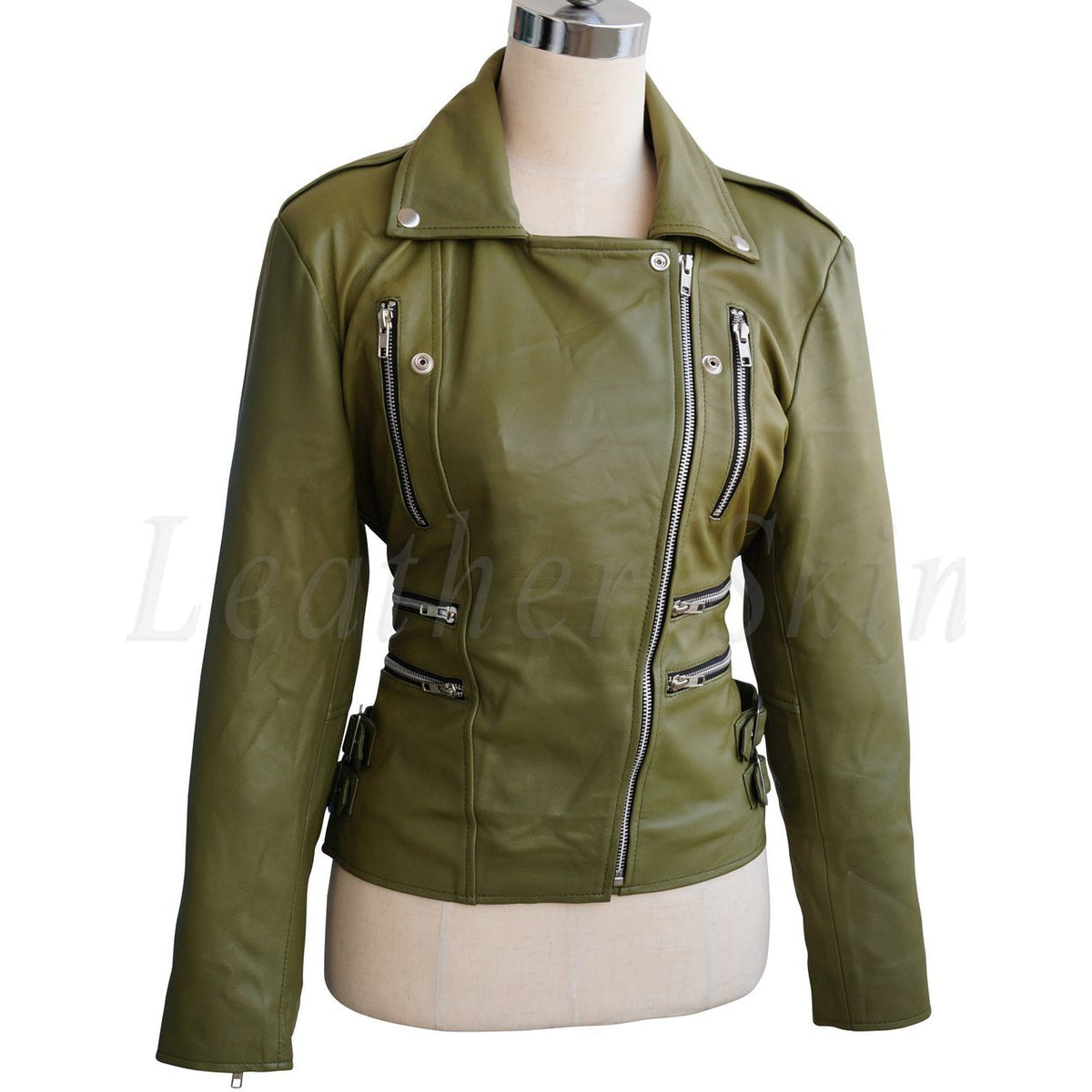 Olive Green Brando Genuine Leather Jacket with Detachable Hood