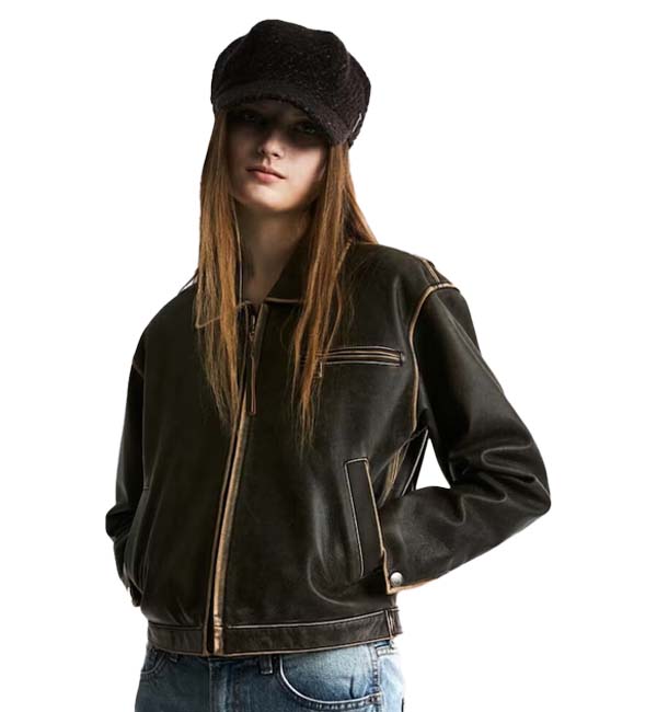 Plus Size 90’s Distressed Brown Leather Jacket Women