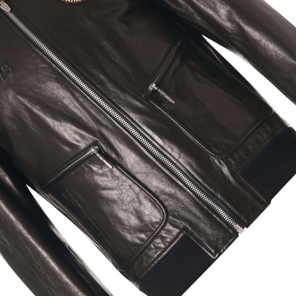 Black Lamb Fur Collar Goatskin Bomber Jacket