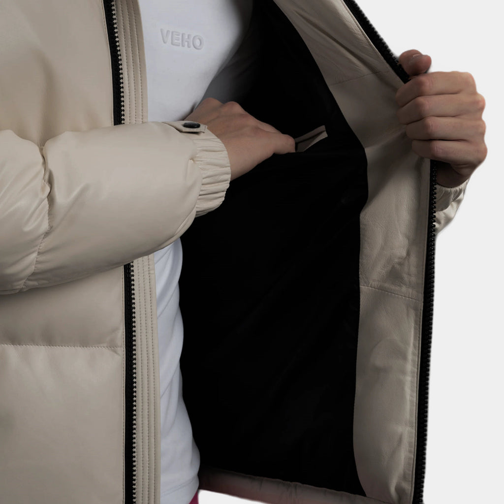 White Goatskin Leather Bomber Hooded Down Jacket