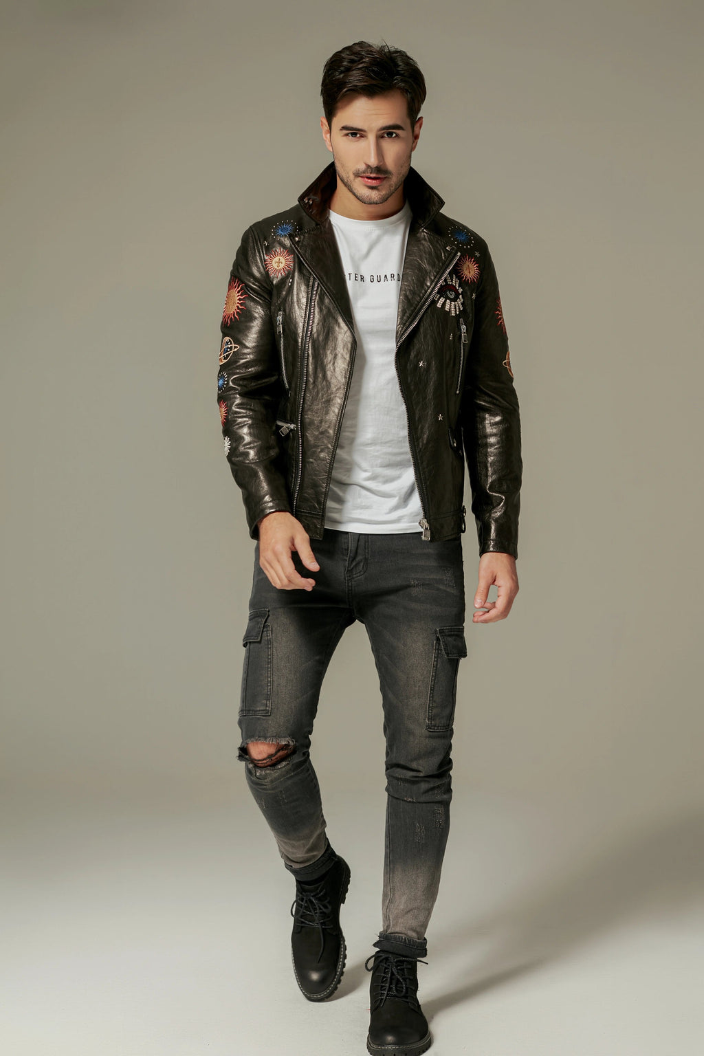 Black Goatskin Moto Biker Jacket with Appliques