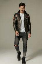 Black Goatskin Moto Biker Jacket with Appliques