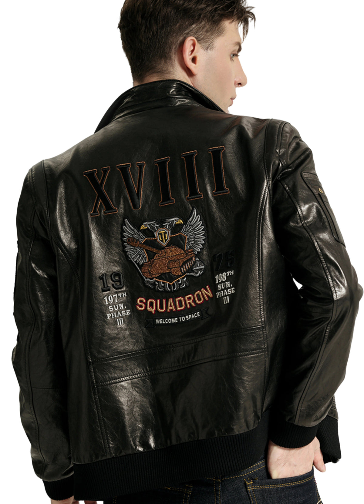 Black Pattern Patched Goatskin Bomber Jacket