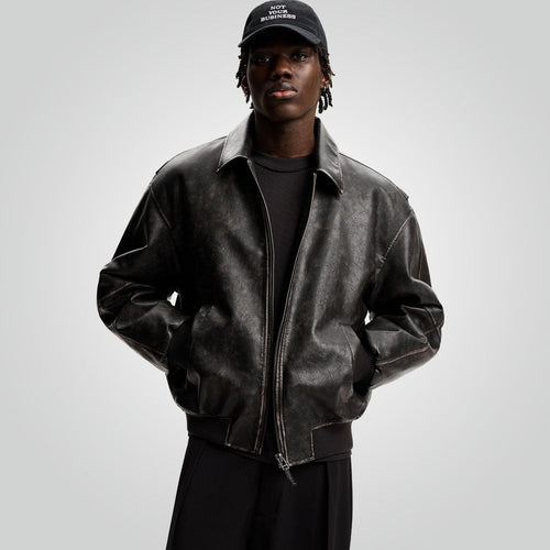 A2 Black Distressed Leather Bomber Jacket