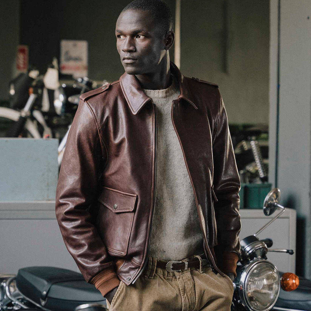 Men's Burgundy Real Leather A2 Bomber Jacket