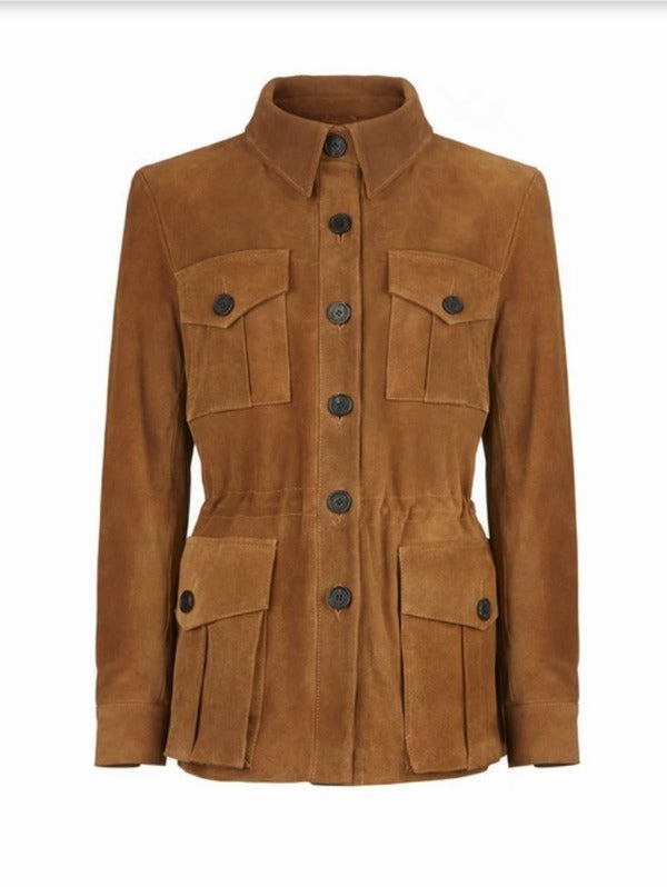 Women's Tan Suede Button-Down Leather Coat by Avanzar Leather