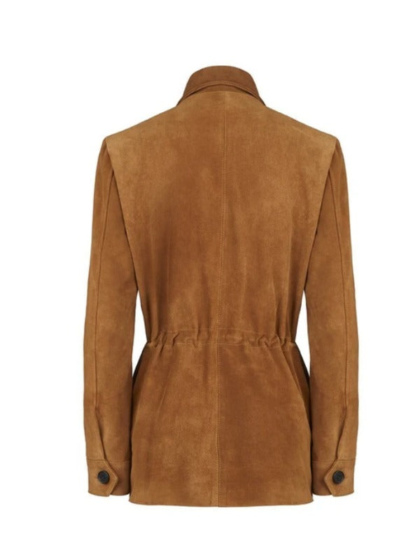 Women's Tan Suede Button-Down Leather Coat by Avanzar Leather