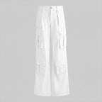 Women’s White Leather Cargo Pants – Wide-Leg Premium Genuine Leather Utility Trousers