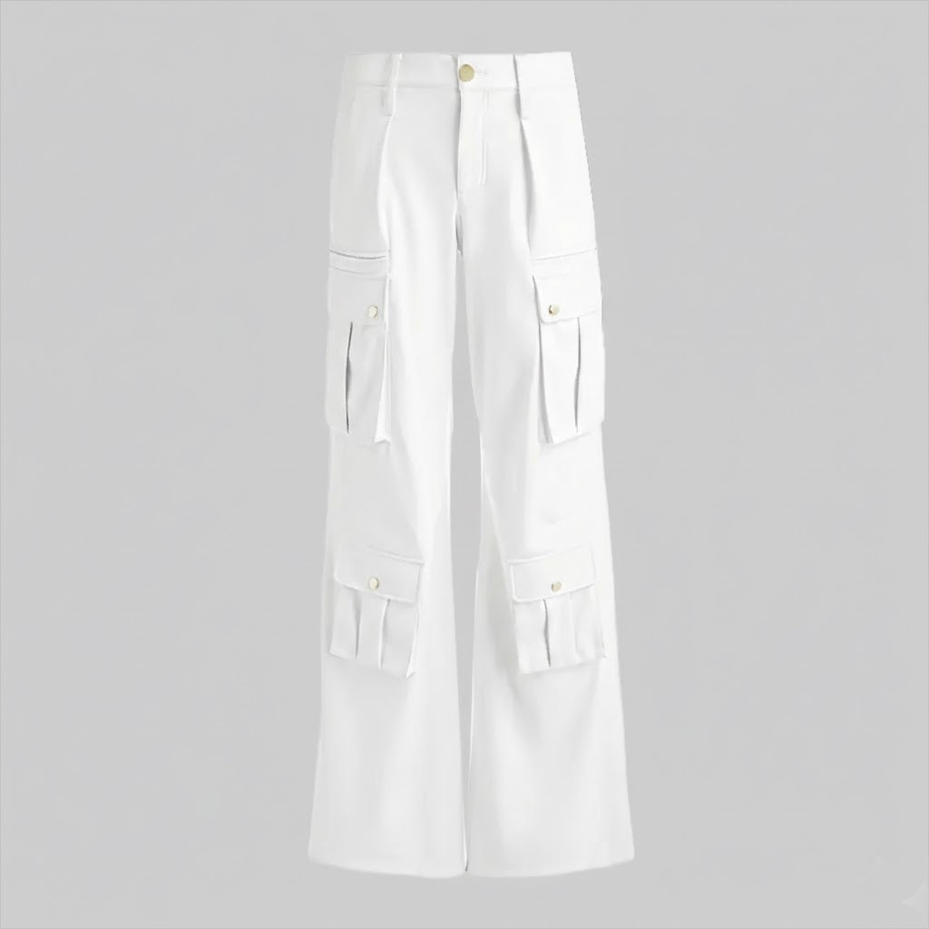 Women’s White Leather Cargo Pants – Wide-Leg Premium Genuine Leather Utility Trousers