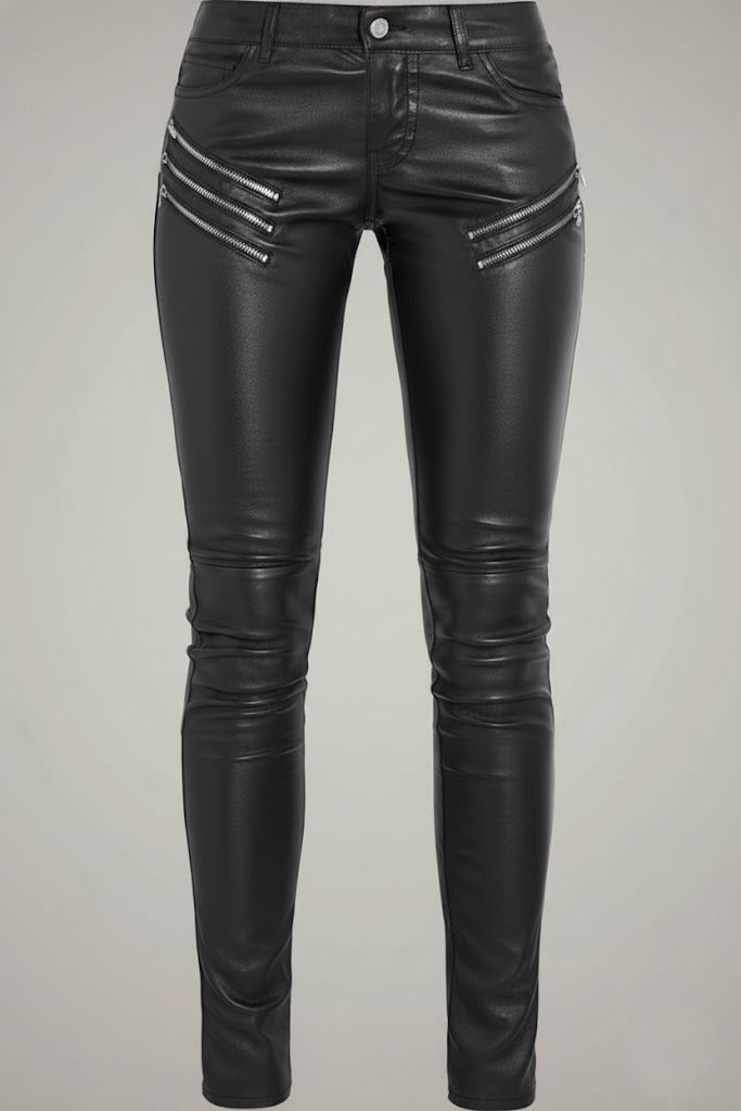 Women's Black Slim Fit Leather Moto Pants