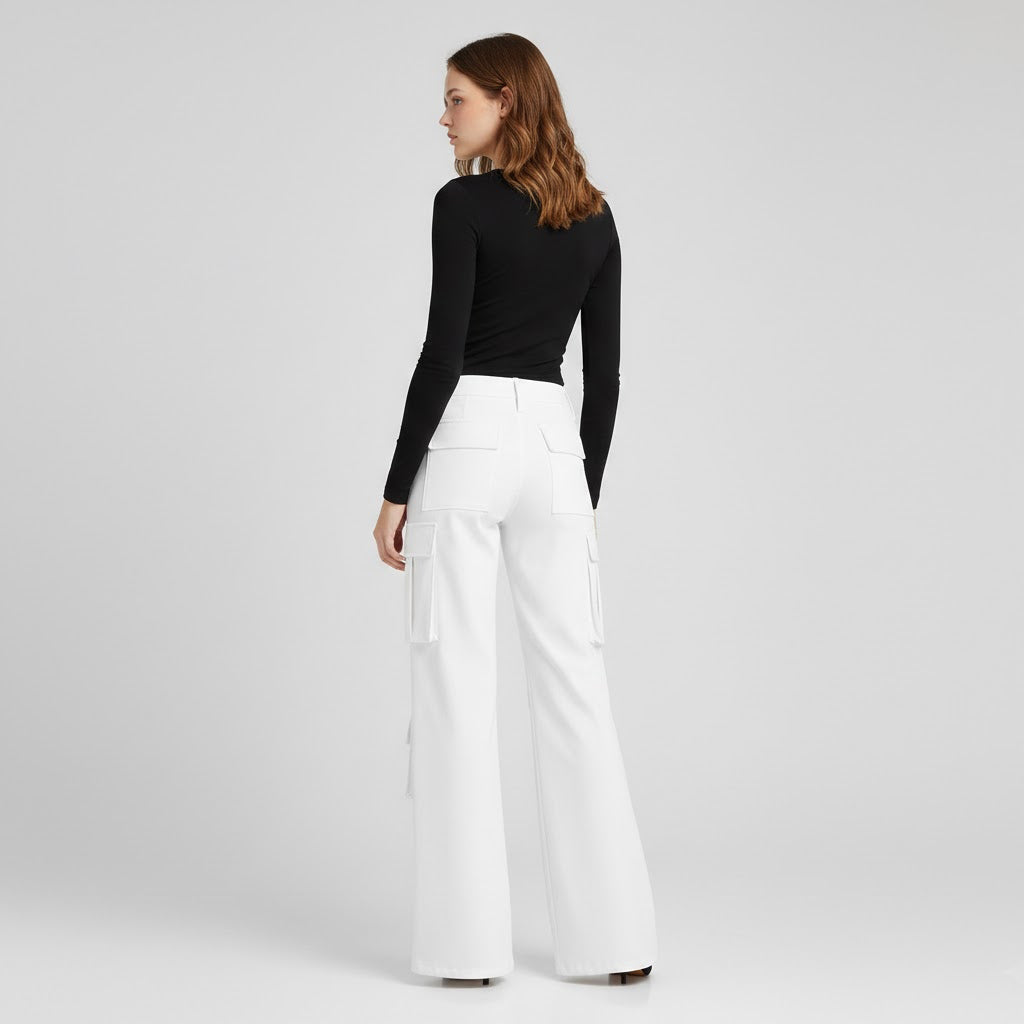 Women’s White Leather Cargo Pants – Wide-Leg Premium Genuine Leather Utility Trousers