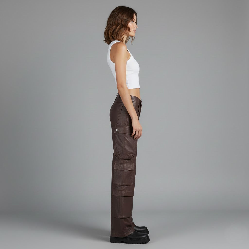 Women's Brown Wide-Leg Leather Cargo Pants
