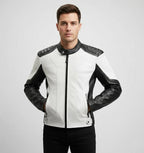 Men’s Two-Tone Cafe Racer Leather Jacket – Black & White Moto Style