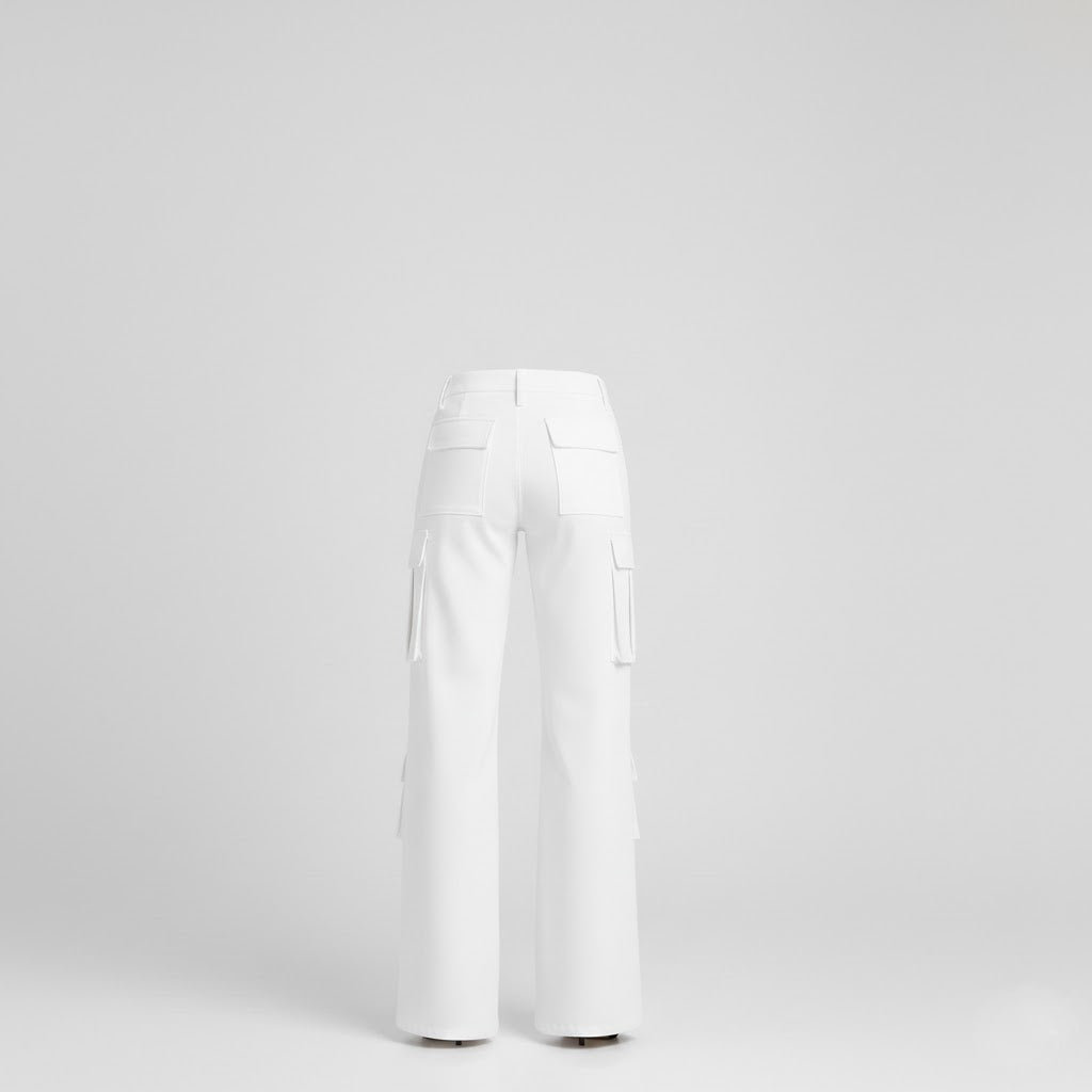 Women’s White Leather Cargo Pants – Wide-Leg Premium Genuine Leather Utility Trousers
