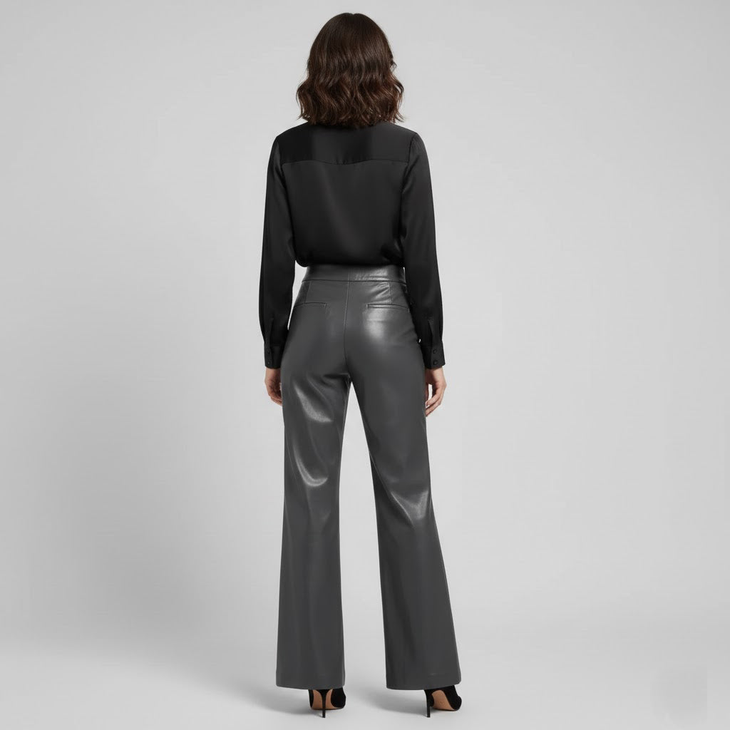 Women's Slate Grey High-Rise Leather Flare Pants