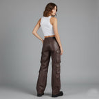 Women's Brown Wide-Leg Leather Cargo Pants