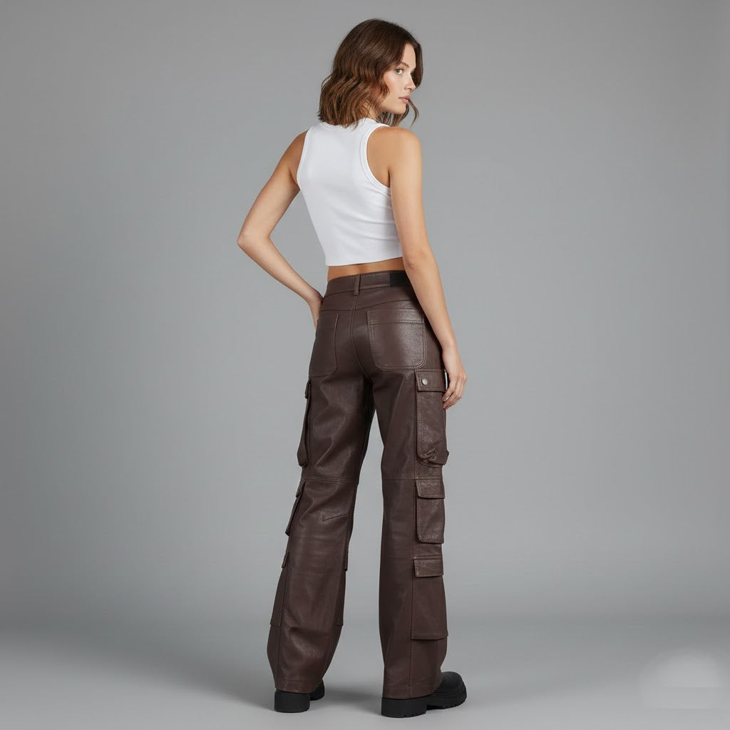 Women's Brown Wide-Leg Leather Cargo Pants