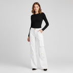 Women’s White Leather Cargo Pants – Wide-Leg Premium Genuine Leather Utility Trousers