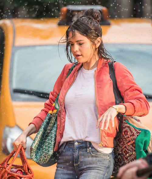 A Rainy day in New York Selena Gomez Red Bomber Jacket